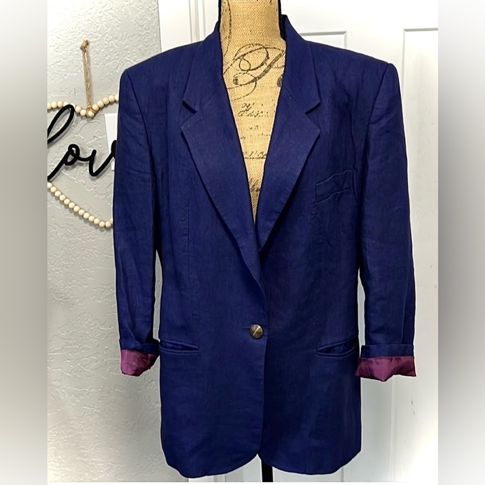 90’S VINTAGE LINEN ANN TAYLOR BLUE & PURPLE OVERSIZED BLAZER SIZE 12